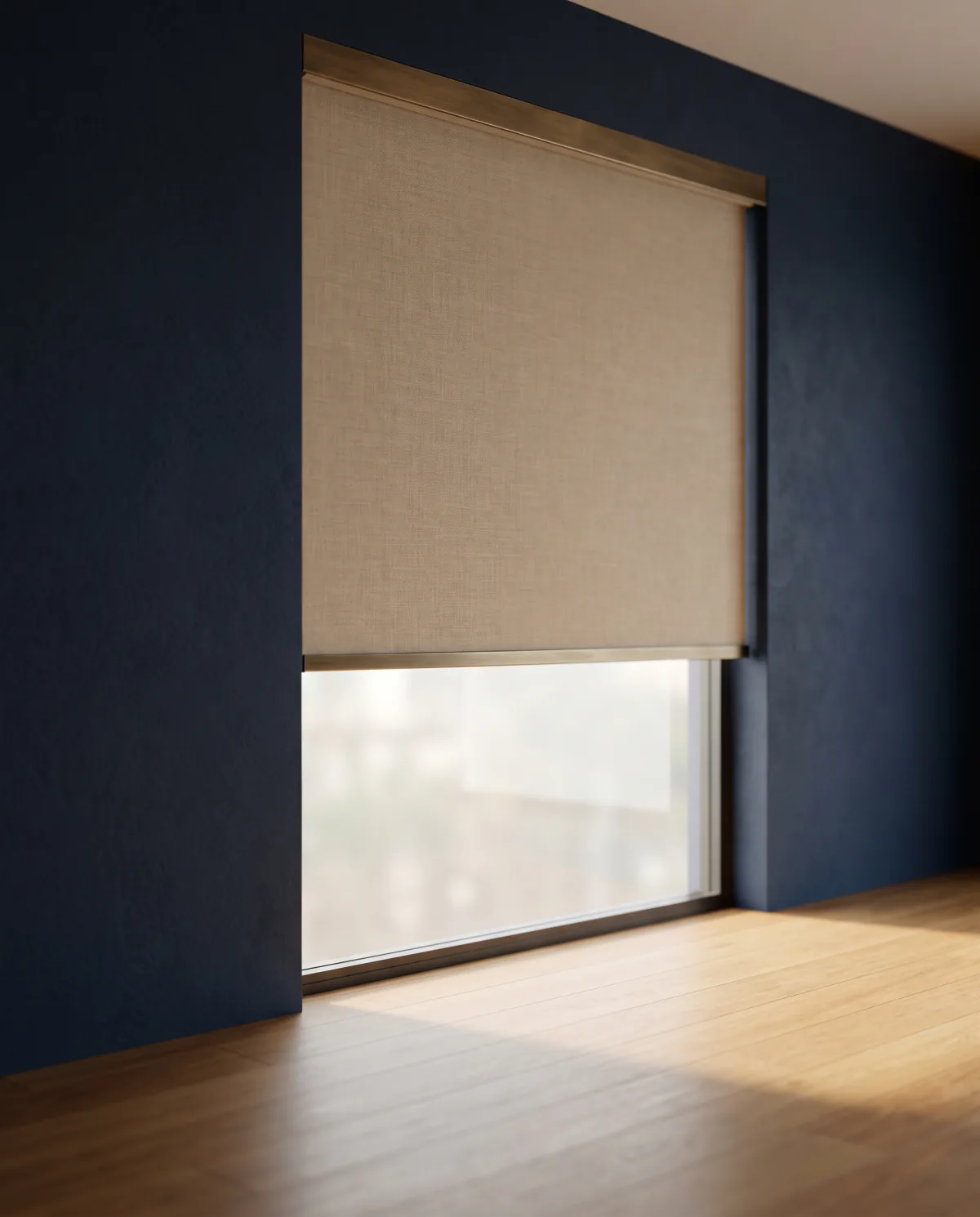 A roller blind half lowered over a wide window in a calm room